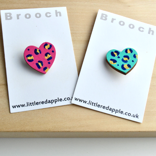 Aqua Leopard Small Heart Brooch