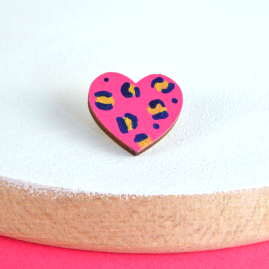 Pink Leopard Small Heart Brooch