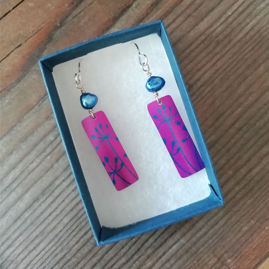 Cow Parsley Rectangular Earrings With Pearl