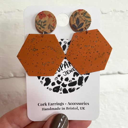 Hexagonal Floral Earrings Cork