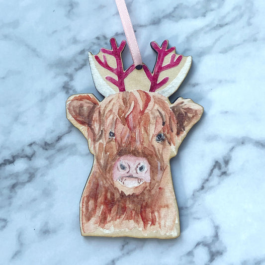 Highland Cow Wooden Christmas Decoration
