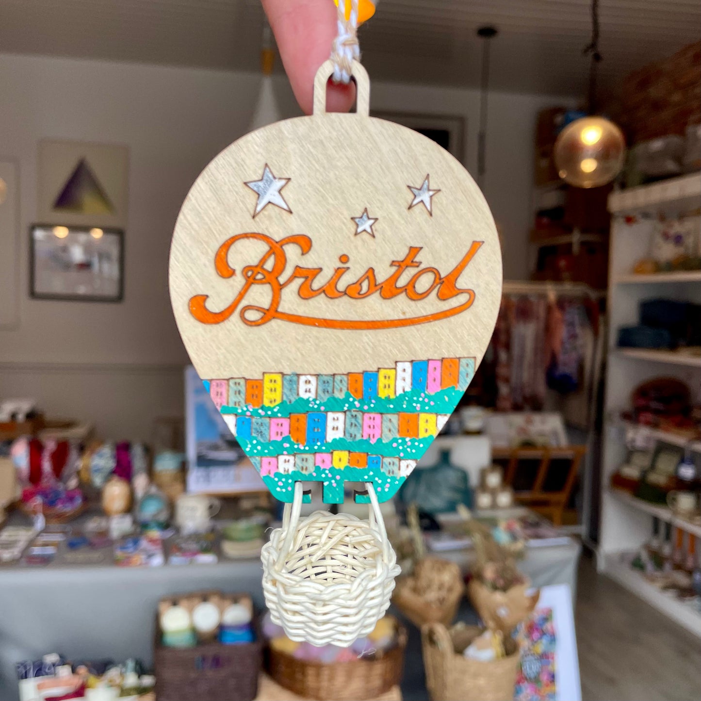 Laser Cut & Hand Painted Hanging Balloon with Wicker Basket