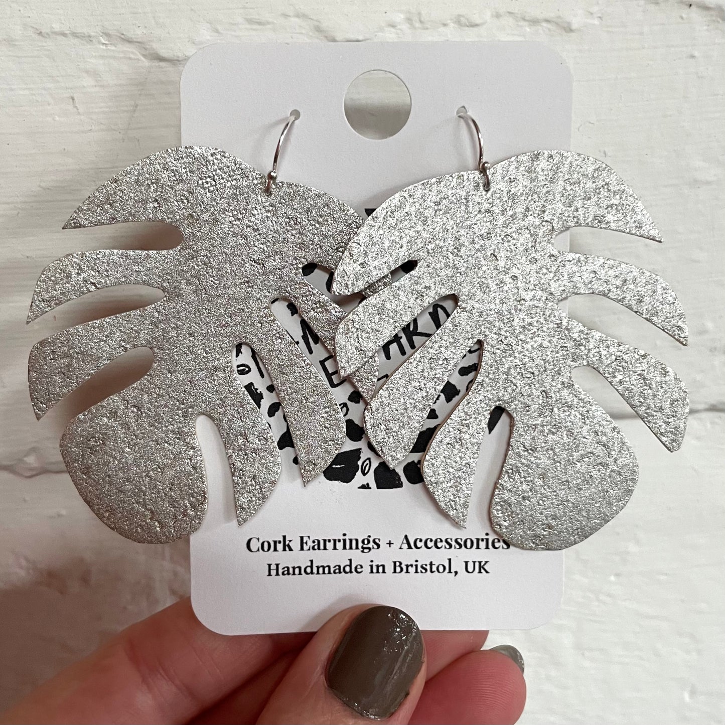 Silver Monstera Earrings Cork