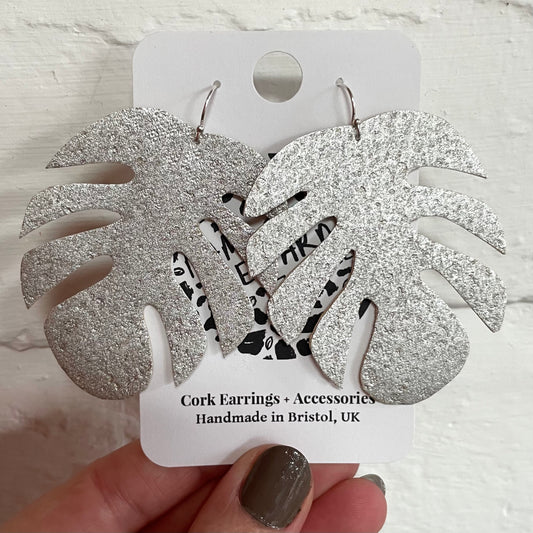 Silver Monstera Earrings Cork