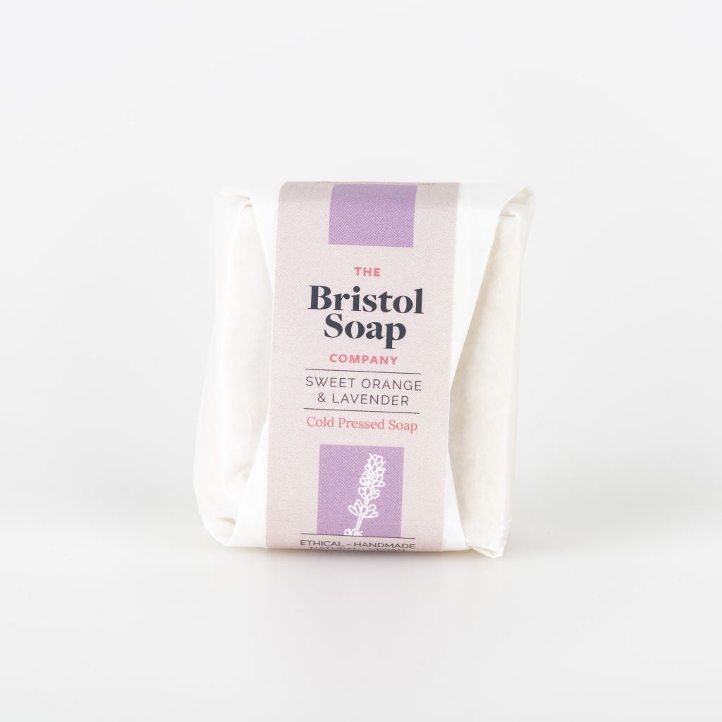 Bar of soap from The Bristol Soap Company with a purple label on a white background
