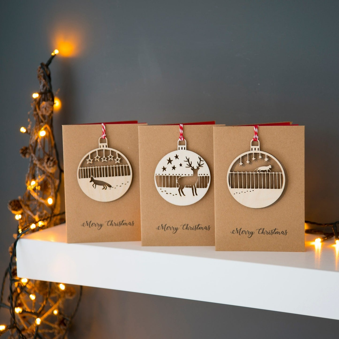 Deer, Fox, Cat Christmas Card with Decoration