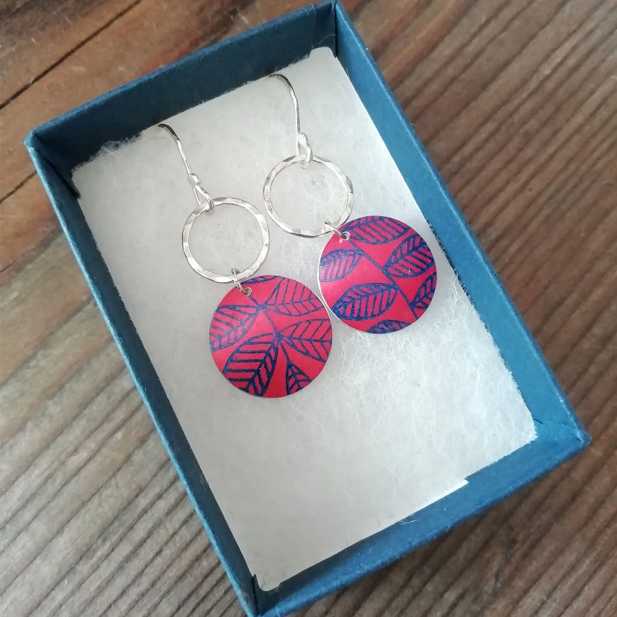 Leaf Circle and Silver Ring Earrings