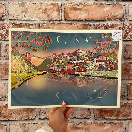 Artwork of Clifton Bridge with cherry blossoms against the night sky.
