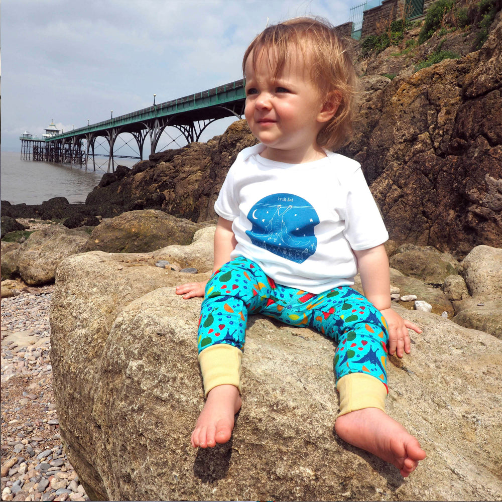 A toddler sitting on a large rock on a pebble beach, wearing a white short-sleeve t-shirt with a blue space graphic and bright blue patterned pants with yellow cuffs.