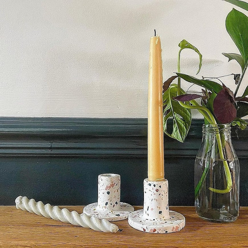 White Neutral Terrazzo Candle Stick Holder