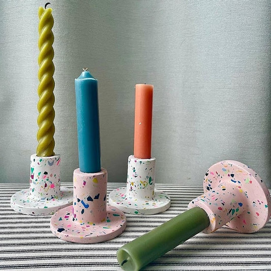 White Neutral Terrazzo Candle Stick Holder