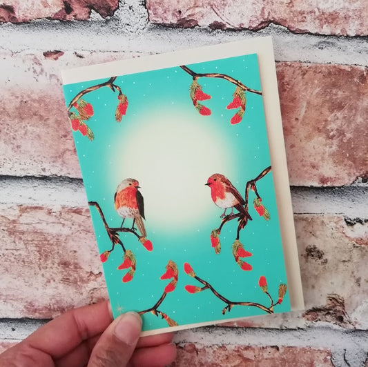 Christmas Robins in the Sun Card