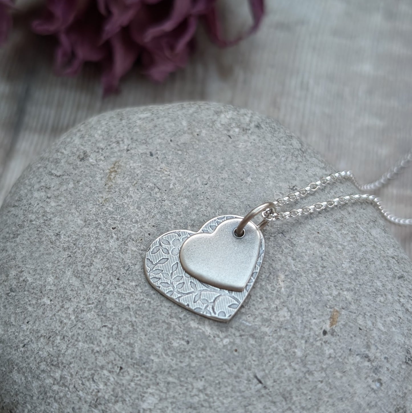 Double Heart Floral Silver Necklace