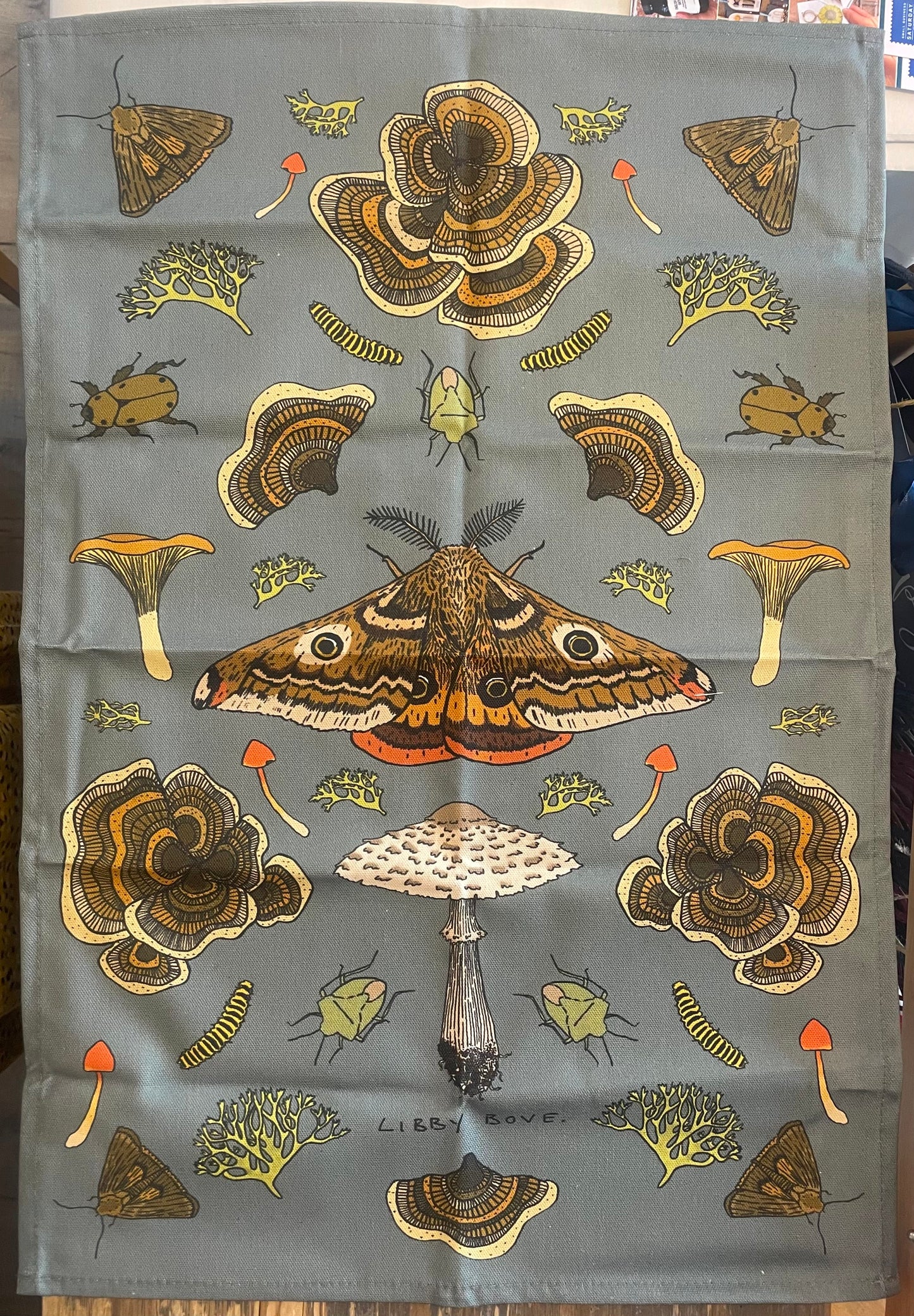 Moths & Mushrooms Tea Towel Blue