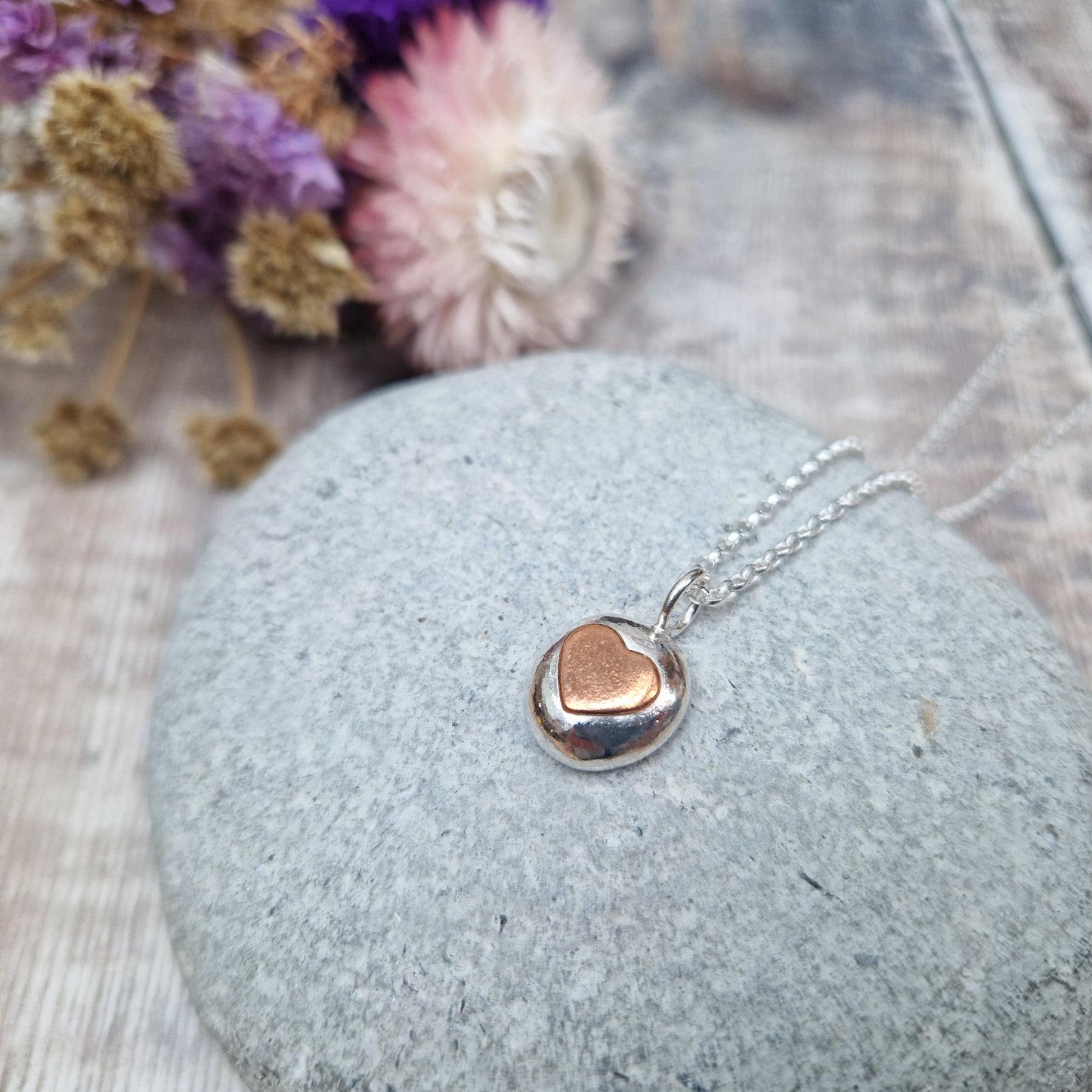 Pebble Copper Heart Silver Necklace