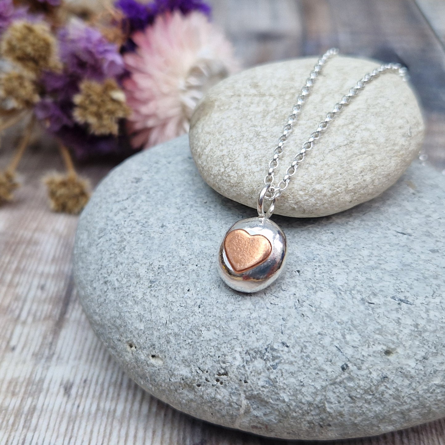 Pebble Copper Heart Silver Necklace