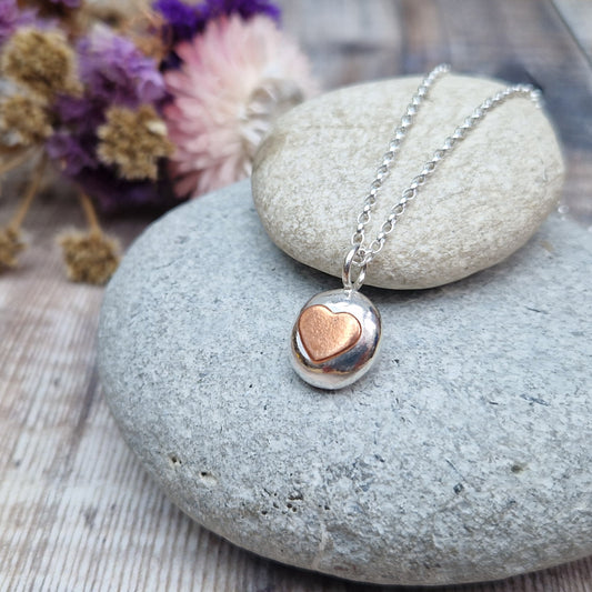 Pebble Copper Heart Silver Necklace