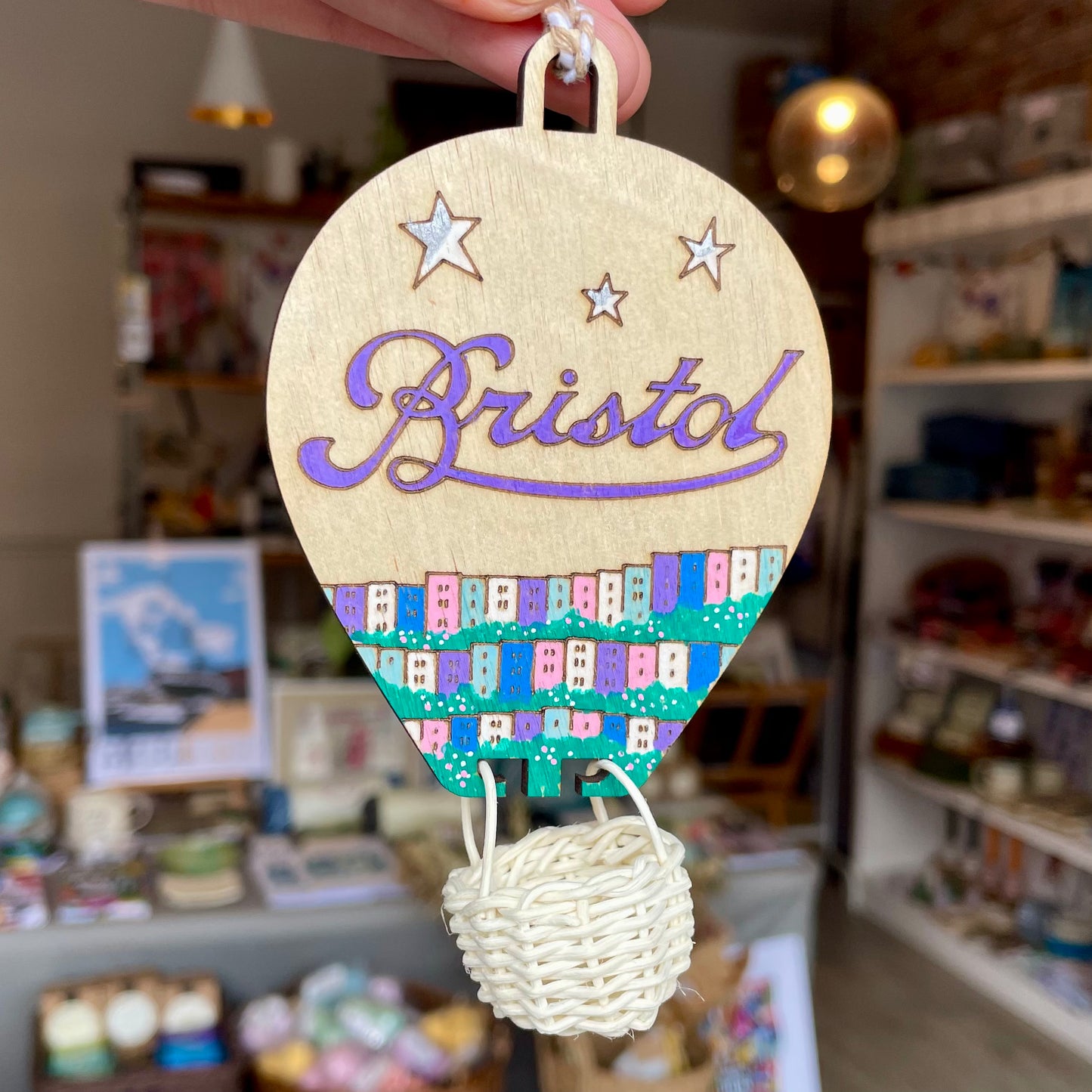 Laser Cut & Hand Painted Hanging Balloon with Wicker Basket