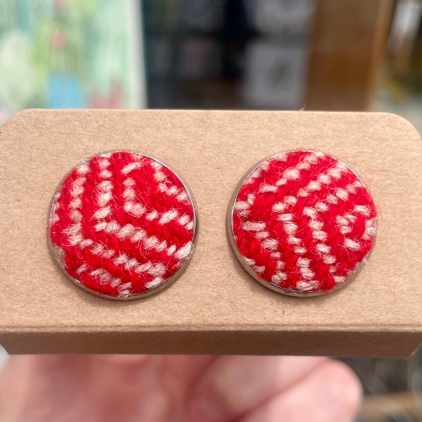 Large Stud Earrings Plaid Design