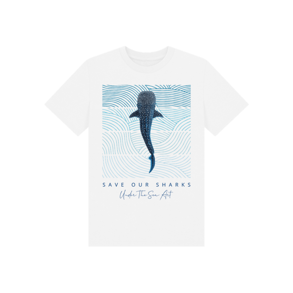A white short-sleeve crewneck t-shirt featuring a blue graphic of a whale shark made of dots, with the text 'SAVE OUR SHARKS' and 'Under The Sea Art' printed below it.