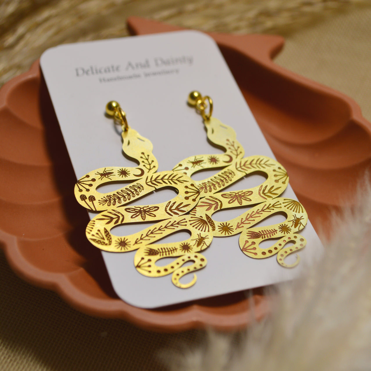 Patterned Brass Snake Earrings