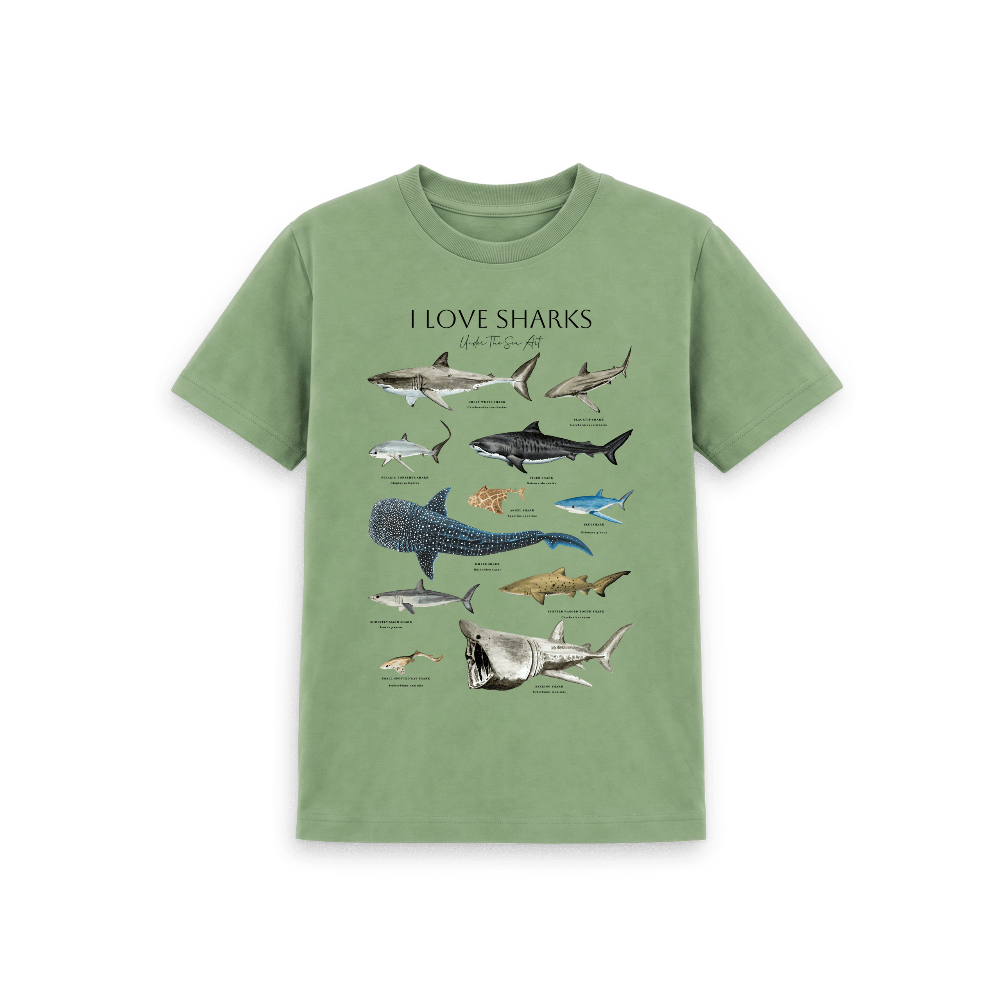 A sage green short-sleeve t-shirt featuring a detailed graphic print of various shark species with the text 'I LOVE SHARKS' at the top, displayed on a clean white background.