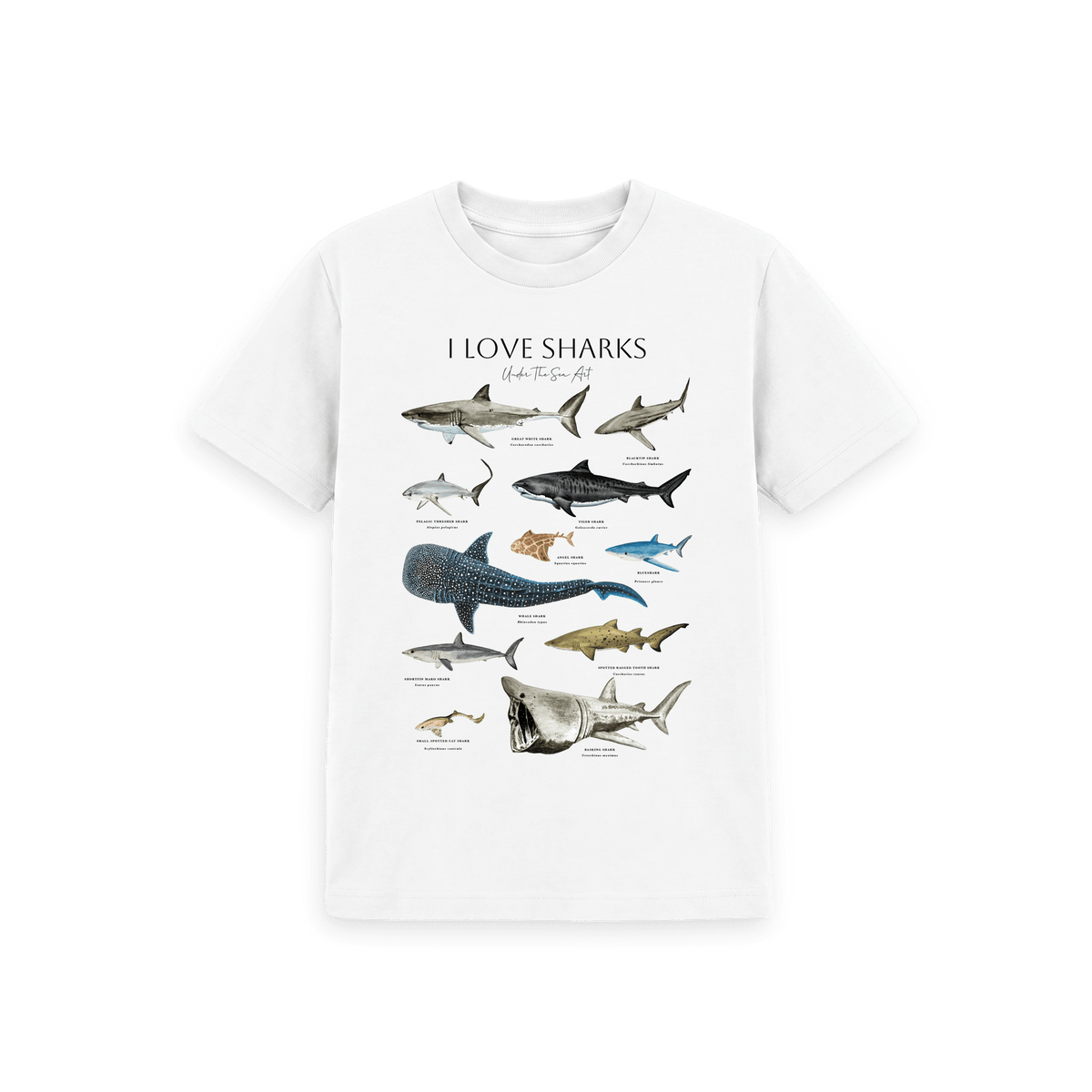 A white short-sleeve crewneck t-shirt featuring a detailed graphic print of various shark species with the text 'I LOVE SHARKS' above them, displayed on a clean white background.