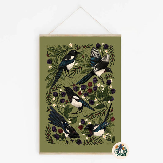 Magpie and Blackberry A4 Print