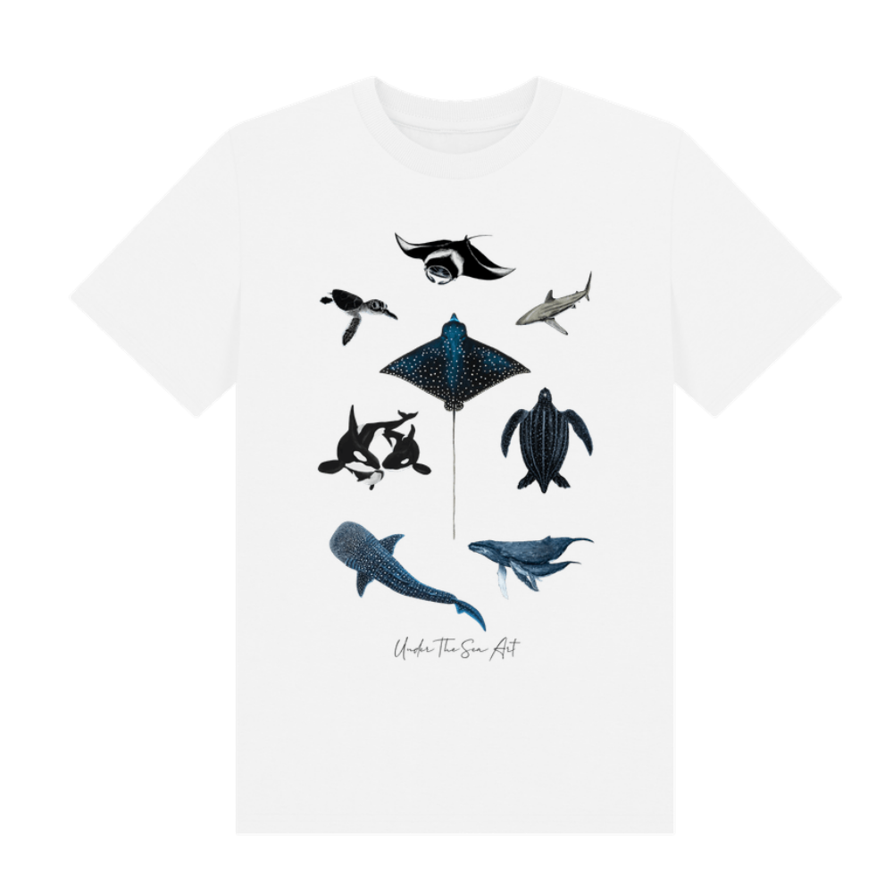 A white short-sleeve crewneck t-shirt featuring a graphic print of various marine life illustrations, including a stingray, shark, turtle, manta ray, shark, and whale, with the text 'Under The Sea Art' printed below.