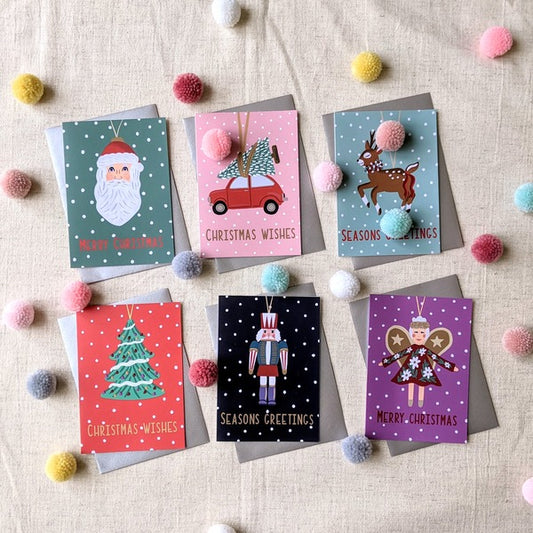 Christmas card pack – retro decorations x 6