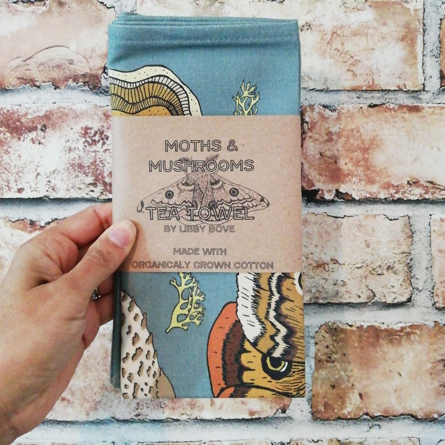 Moths & Mushrooms Tea Towel Blue