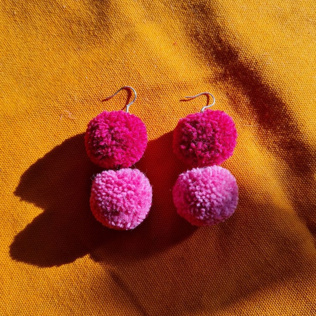 Tonal Pink Pom Pom Earrings Double