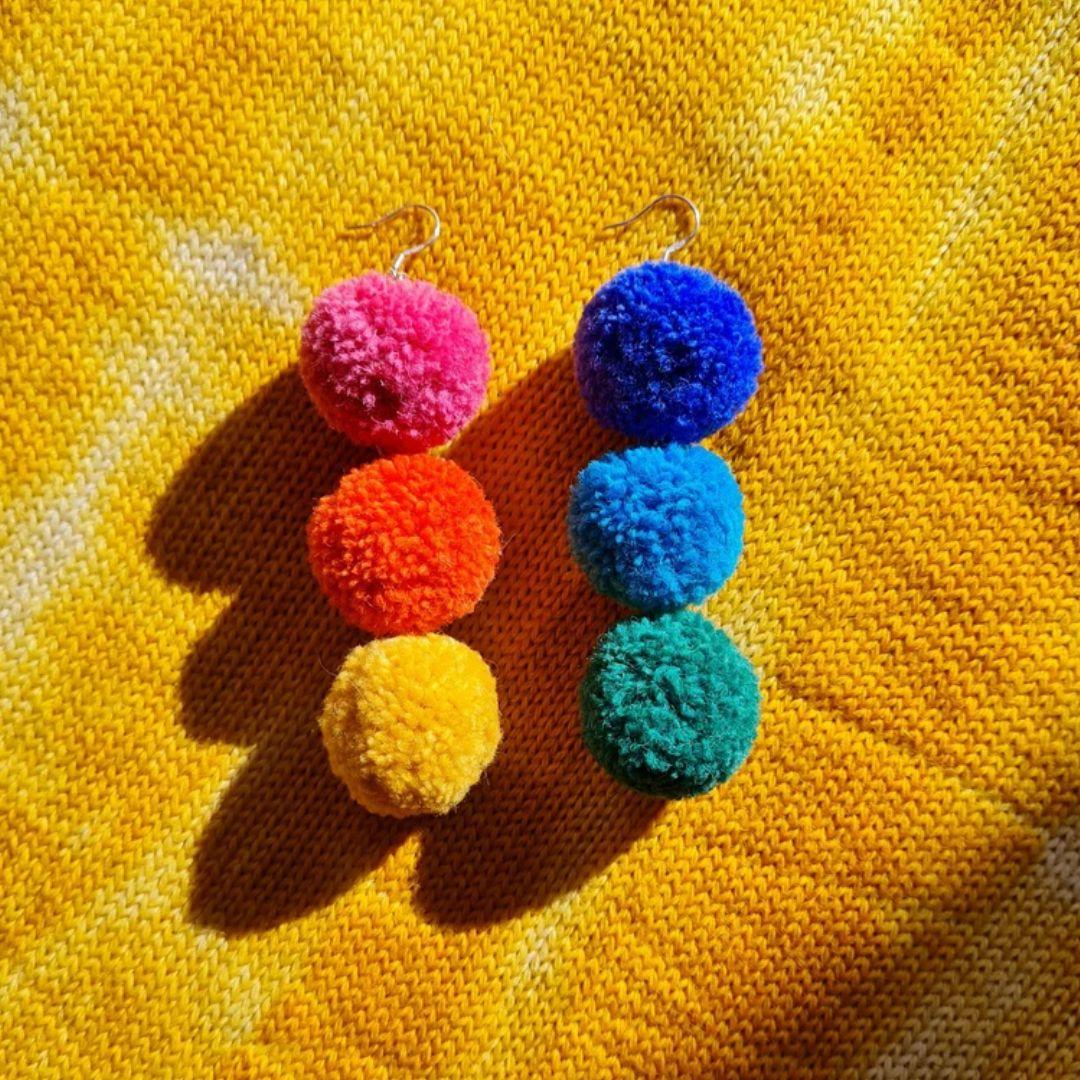 Rainbow Pompom Earrings Triple Rainbow